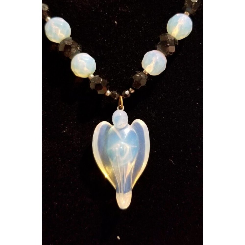 **Vintage Stunning 3D Opalite Black All Glass Religious Angel Pendant Necklace**
